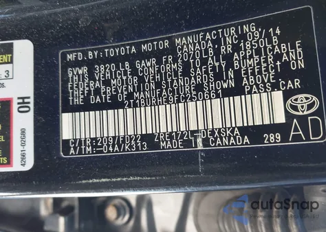 2015 Toyota Corolla S Plus from USA, damaged, VIN 2T1BURHE9FC250661